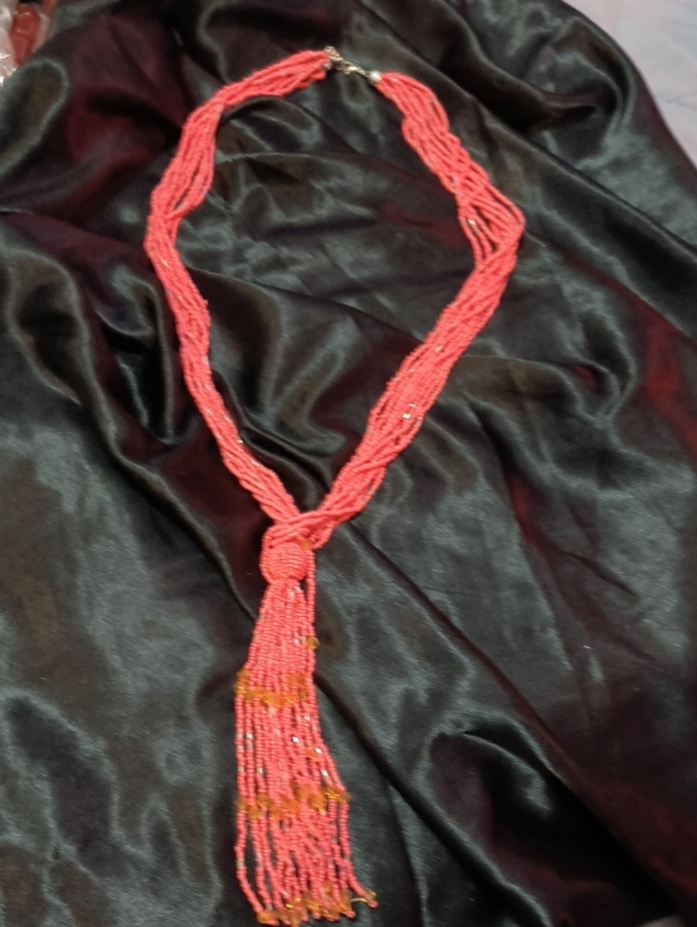 Striking 38" 11-strand  Handmade Coral Colored Seed Bead w/Gold Glass Necklace